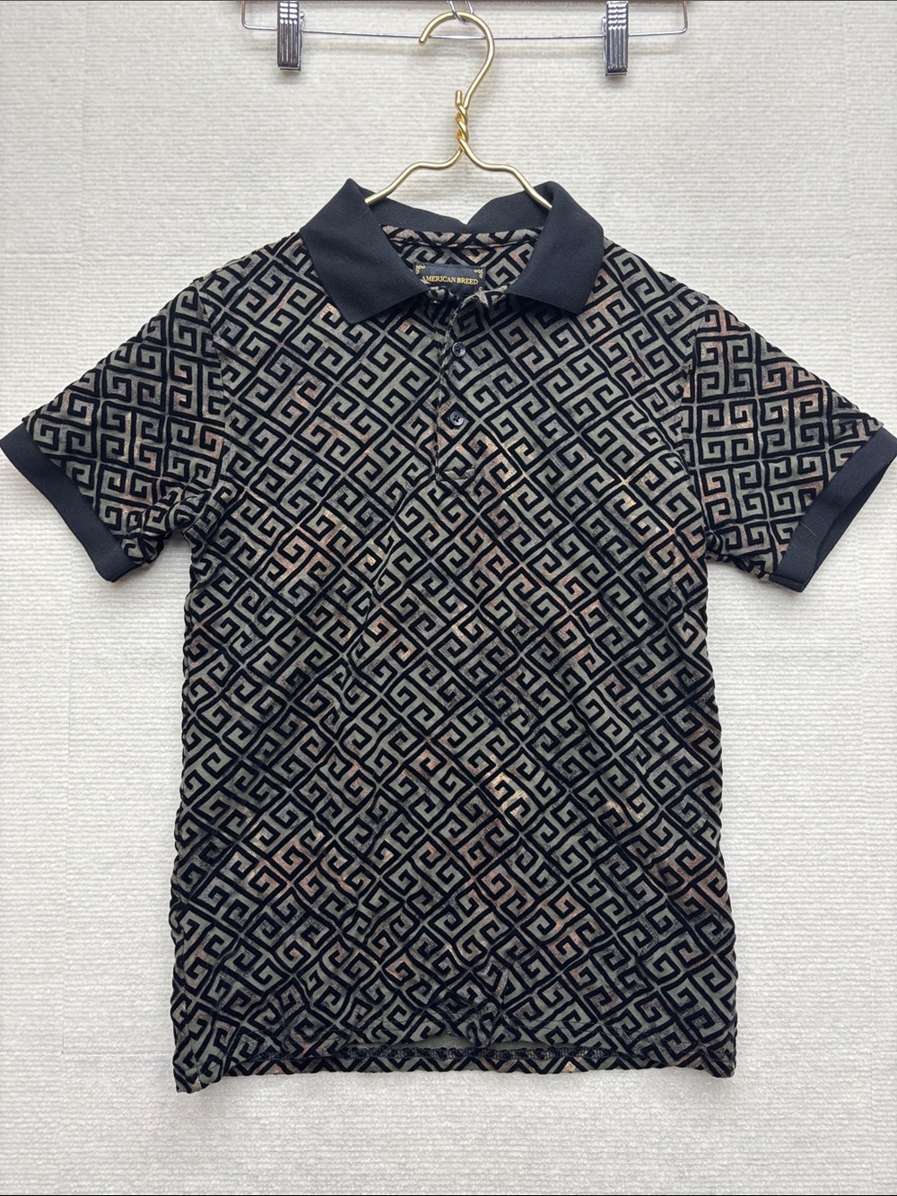 American Breed | small Geometric Pattern Black & Beige Polo Shirt